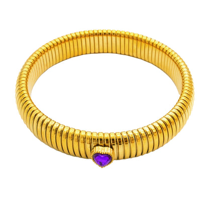 Pulsera de Metal Pulido Grueso con Elasticidad Retro de Acero Inoxidable Impermeable, Bañada en Oro de 18K
