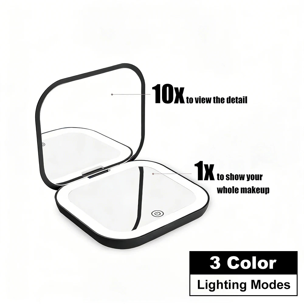 Espejo compacto con luces, aumento 1X/2X, plegable portátil de mano, pequeño espejo de bolsillo LED para maquillaje de viaje, para regalo, bolso
