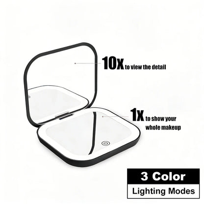 Espejo compacto con luces, aumento 1X/2X, plegable portátil de mano, pequeño espejo de bolsillo LED para maquillaje de viaje, para regalo, bolso