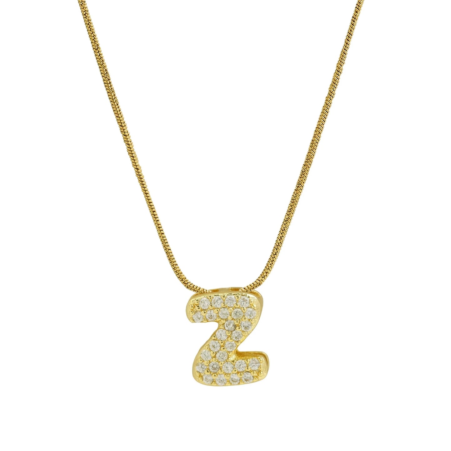 Collar con Inicial de Letra Bonita, Baño de Oro de 18K, Collar con Zirconias, Collar de Letras Infladas