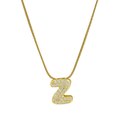 Collar con Inicial de Letra Bonita, Baño de Oro de 18K, Collar con Zirconias, Collar de Letras Infladas