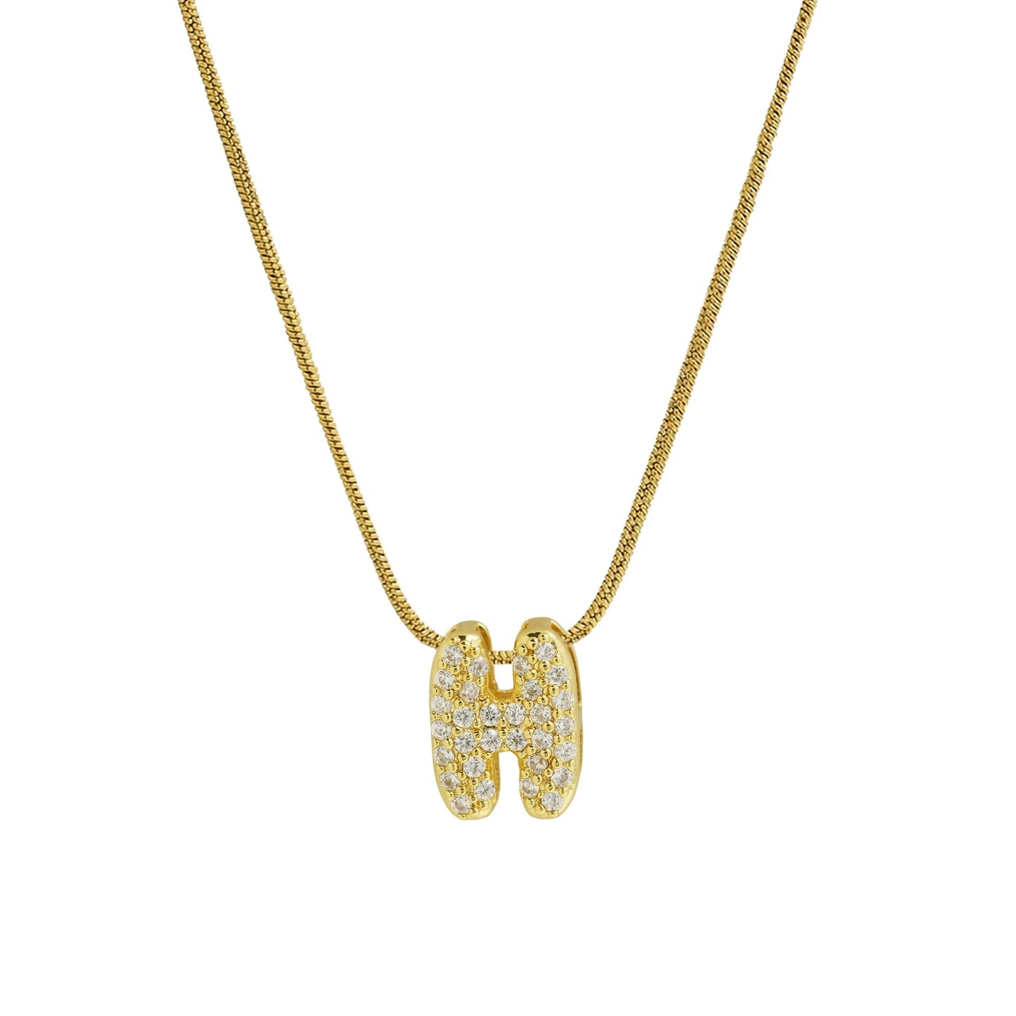 Collar con Inicial de Letra Bonita, Baño de Oro de 18K, Collar con Zirconias, Collar de Letras Infladas