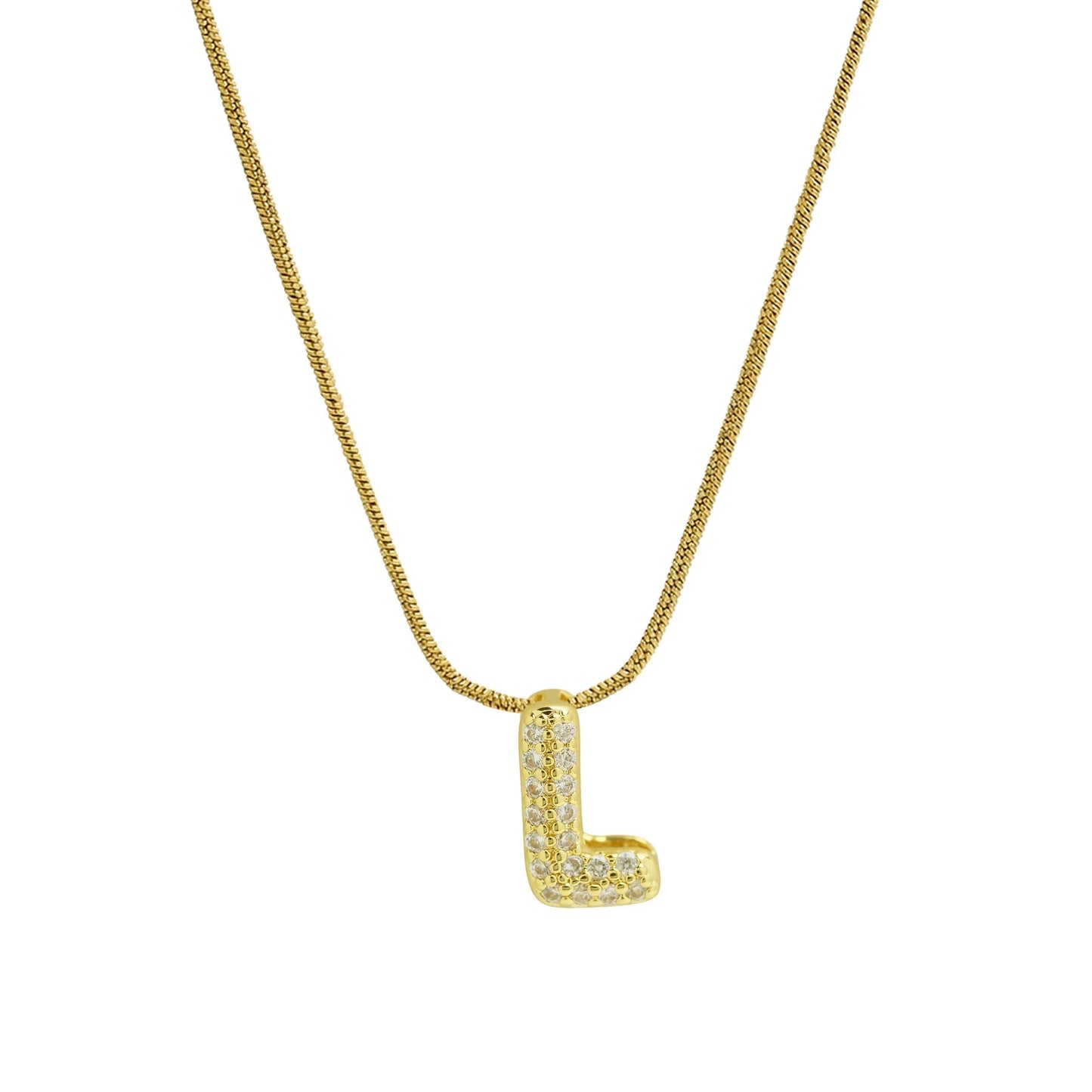 Collar con Inicial de Letra Bonita, Baño de Oro de 18K, Collar con Zirconias, Collar de Letras Infladas