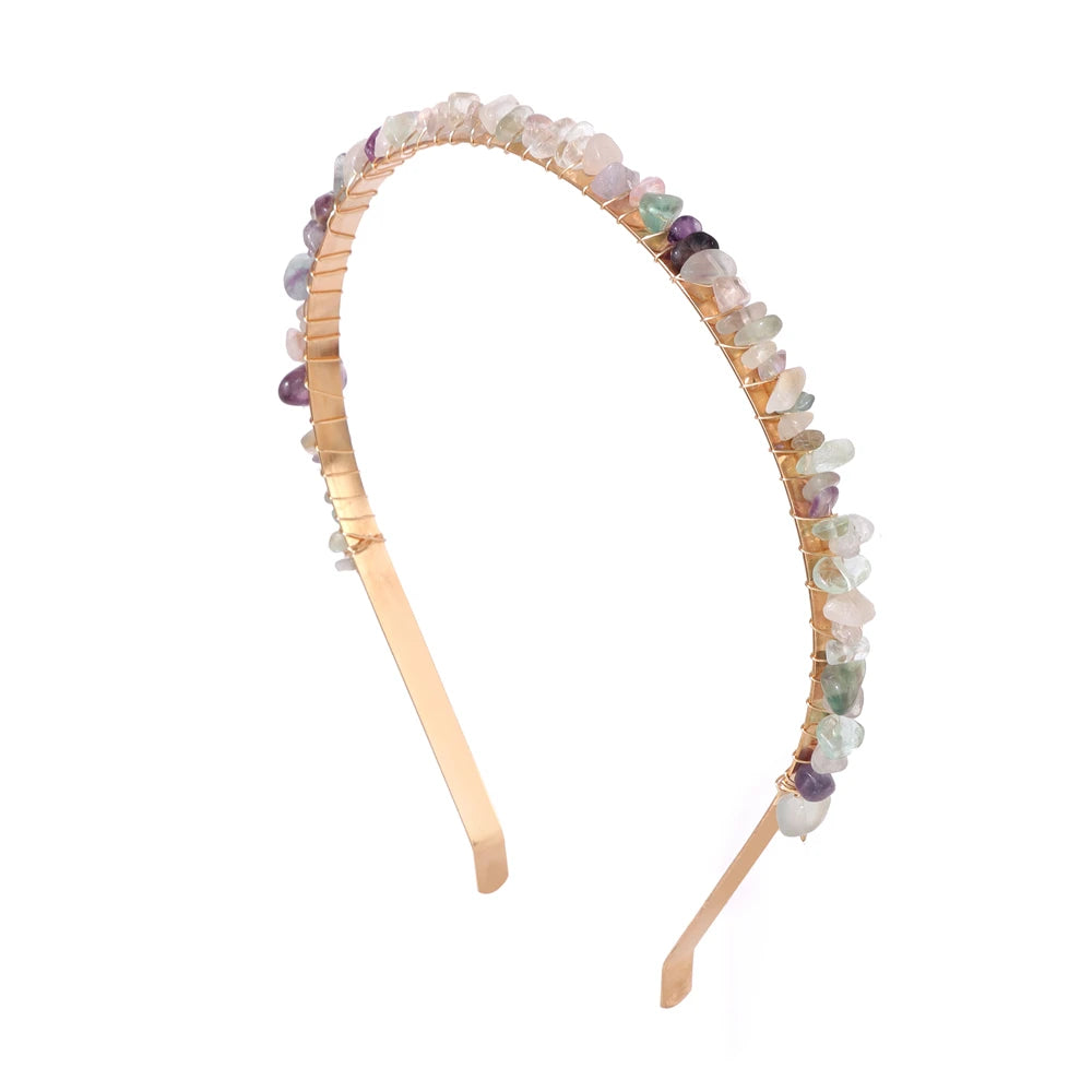 1PC Natural Stone Crown Gravel Headbands Irregular Aquamarines Amethysts Chip Beads Hair Hoops For Women Girl Hair Accessories