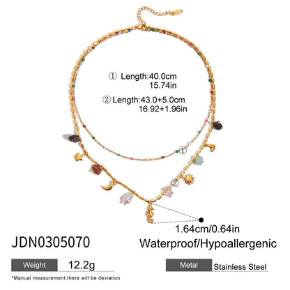 Collar colgante de piedra de color natural Uworld, en acero inoxidable bañado en oro de 18K, apilable de doble capa