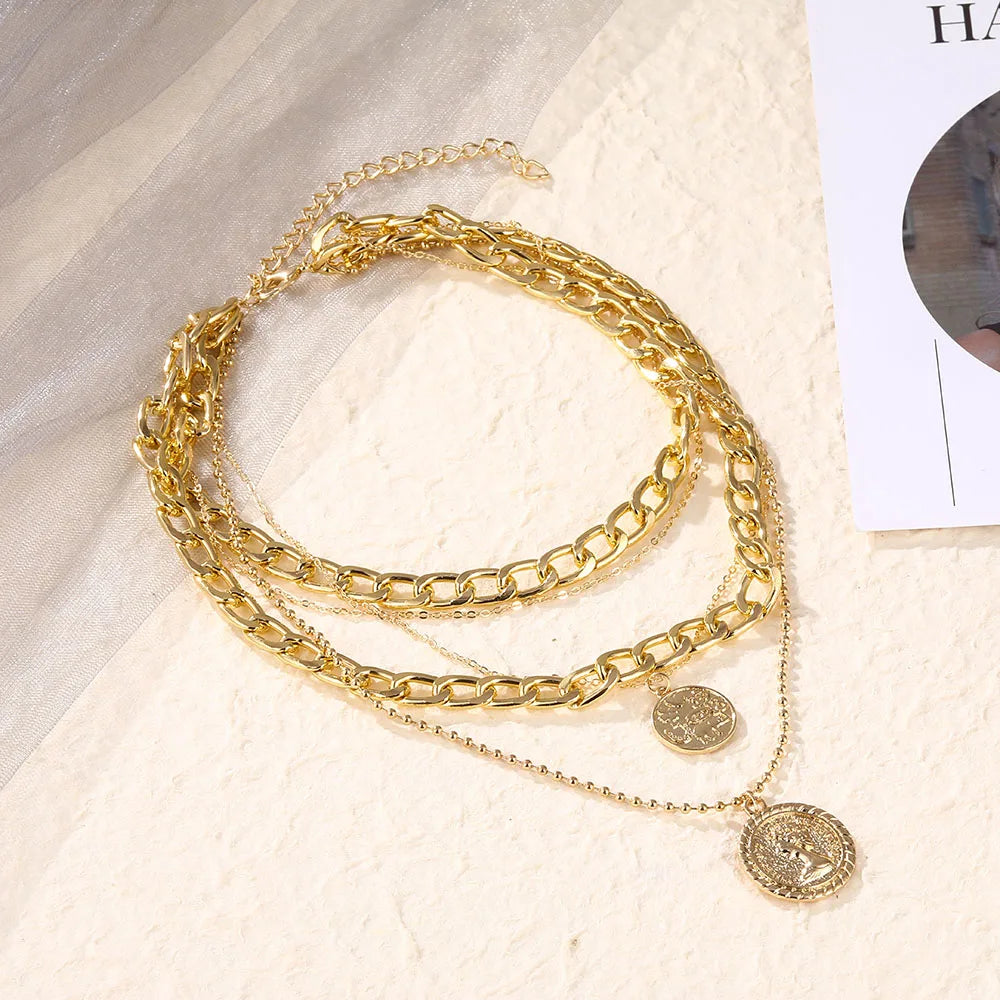 Collar de cadena gruesa y fina de varias capas para mujeres, collar punk con colgante circular, joyería vintage