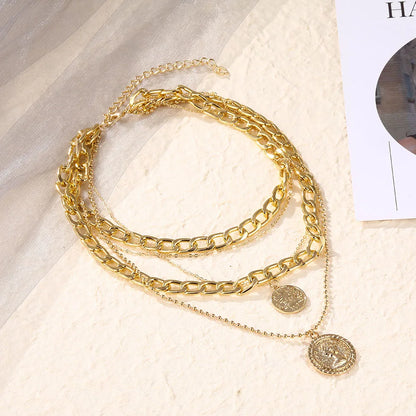 Collar de cadena gruesa y fina de varias capas para mujeres, collar punk con colgante circular, joyería vintage
