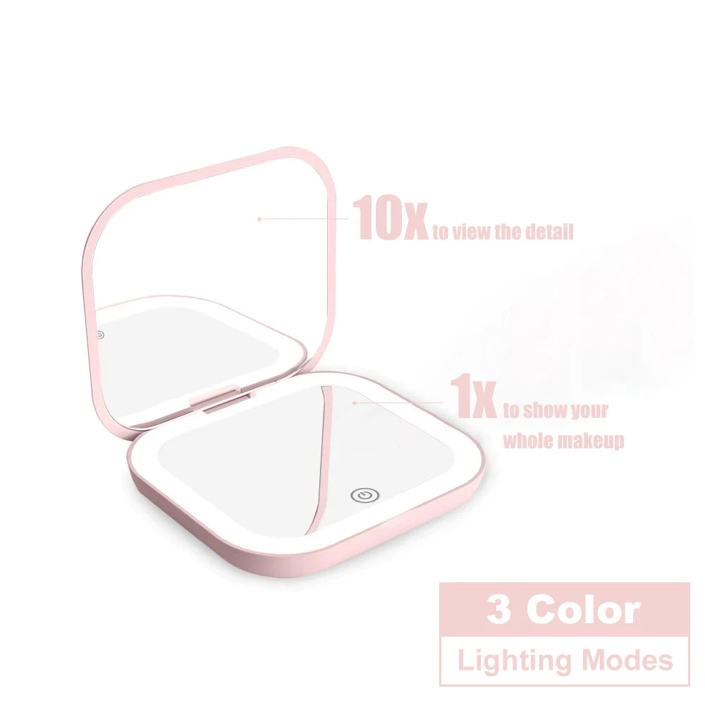 Espejo compacto con luces, aumento 1X/2X, plegable portátil de mano, pequeño espejo de bolsillo LED para maquillaje de viaje, para regalo, bolso