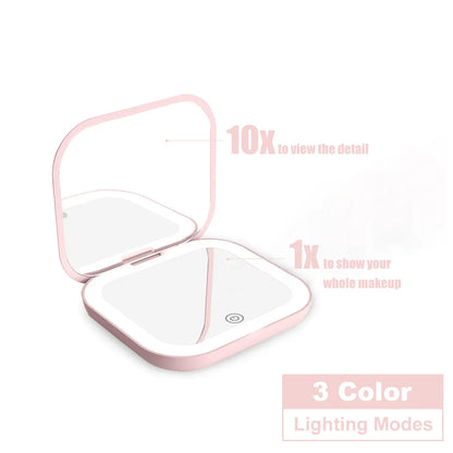 Espejo compacto con luces, aumento 1X/2X, plegable portátil de mano, pequeño espejo de bolsillo LED para maquillaje de viaje, para regalo, bolso