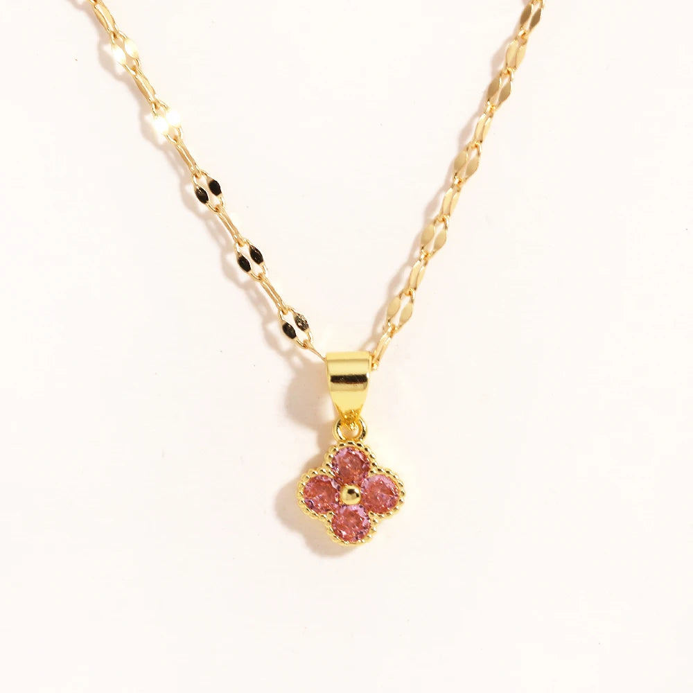 Collar con colgante de trébol violeta de cadena de acero inoxidable para mujer