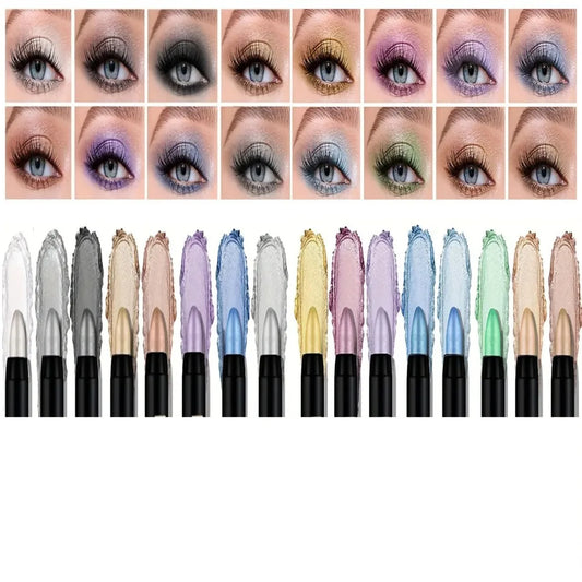 16 colores de delineadores metálicos en lápiz, con colores brillantes, maquillaje resistente al agua y de larga duración para los ojos