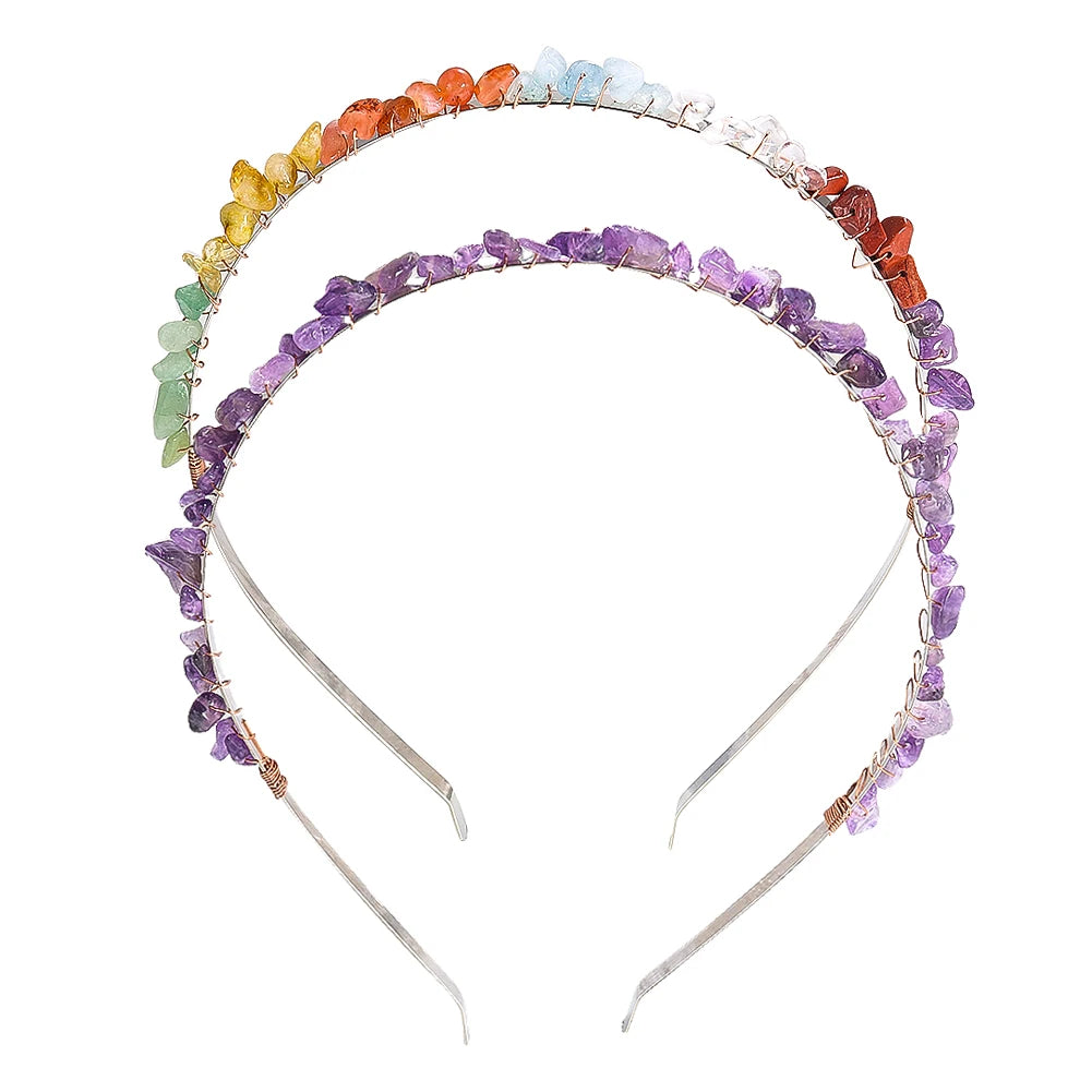 Natural Chakra Stone Amethyst Crystal Gravel Hairband Healing Gemstone Energy Crown Tiara Headband Hair Accessories for Women
