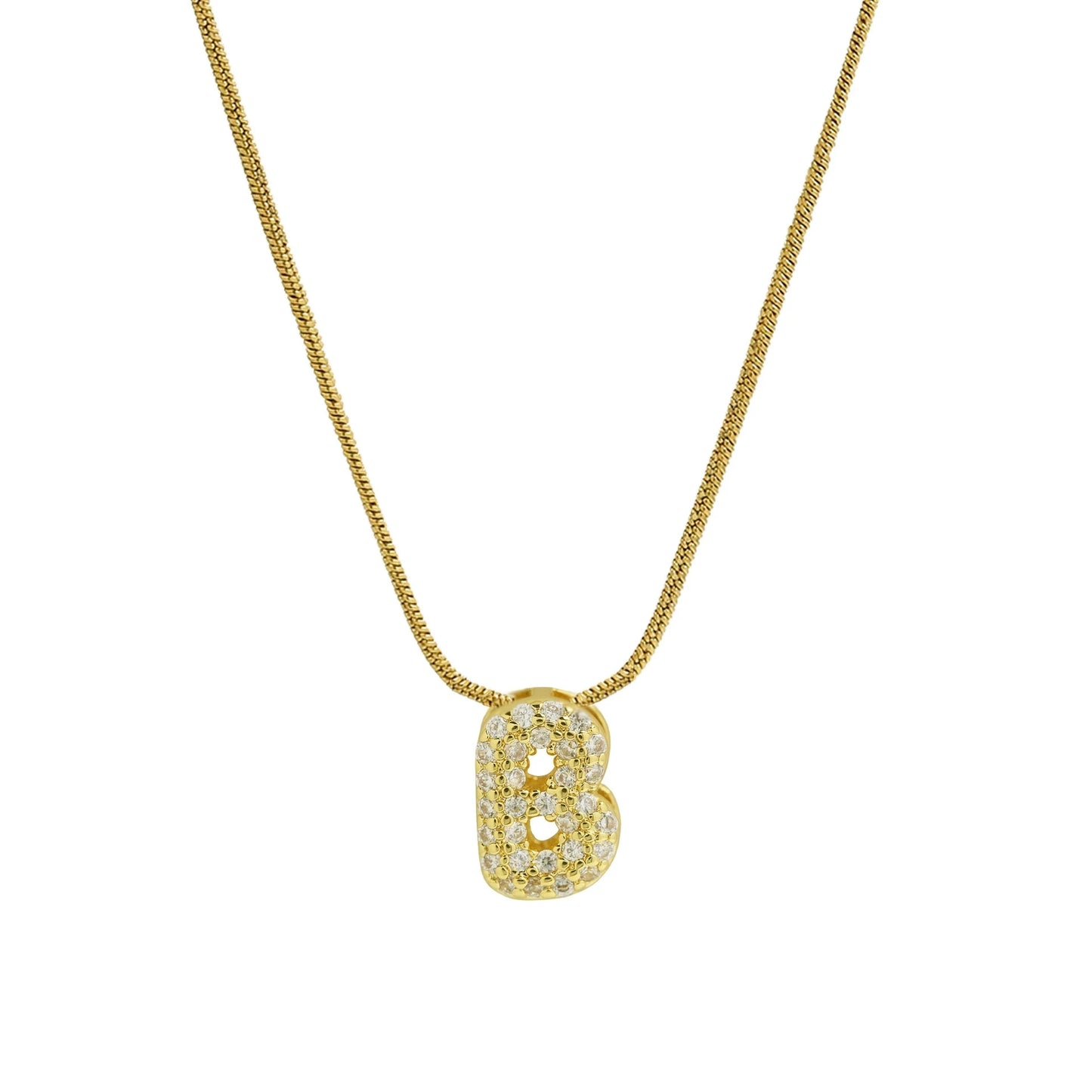 Collar con Inicial de Letra Bonita, Baño de Oro de 18K, Collar con Zirconias, Collar de Letras Infladas