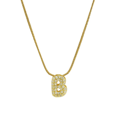 Collar con Inicial de Letra Bonita, Baño de Oro de 18K, Collar con Zirconias, Collar de Letras Infladas