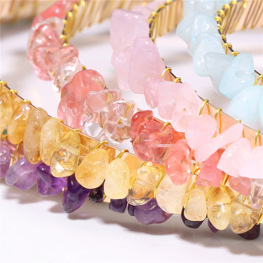 1PC Natural Stone Crown Gravel Headbands Irregular Aquamarines Amethysts Chip Beads Hair Hoops For Women Girl Hair Accessories