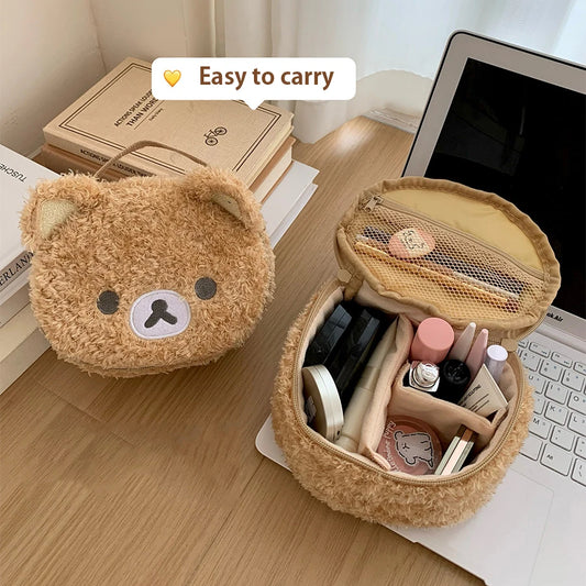 Estuche de maquillaje de peluche con diseño de oso relajado de anime, bolsa de cosméticos para mujer, bolsa de almacenamiento de joyas, organizador para chica, bolsos de mano, regalo,