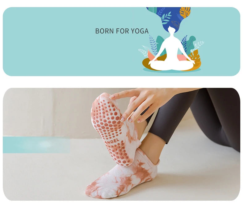 Yoga Socks Women Cotton Tie-dyed Silicone Non-slip Pilates Grip Towel Low-ankle Sock