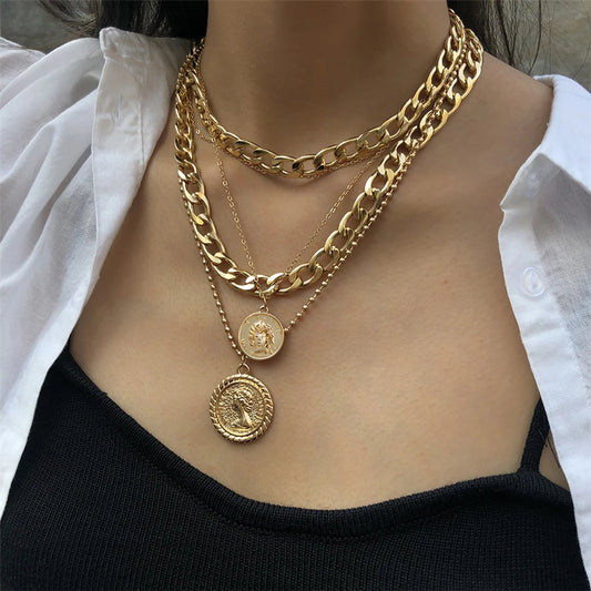 Collar de cadena gruesa y fina de varias capas para mujeres, collar punk con colgante circular, joyería vintage