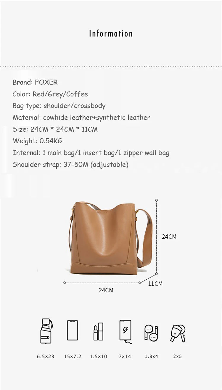 FOXER 2026 New Women's Bucket Bag Split Leather Large Capacity Tote Bag Female Crossbody Bag Commuter Shoulder Bag