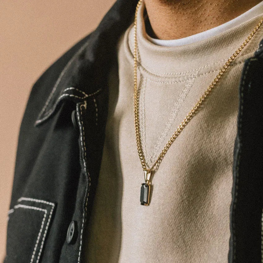 Gold Plated Natural Obsidian Stone Pendant Hiphop Stainless Steel Gemstone Onyx Stone Necklace Jewelry For Men