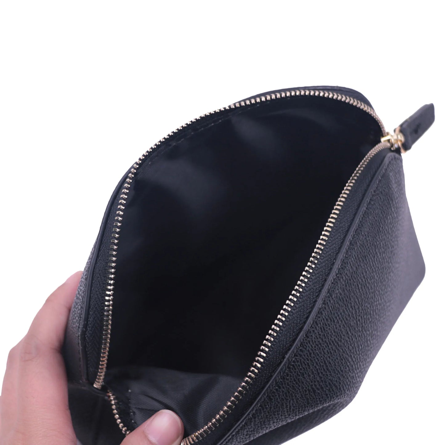 Bolsa de cosméticos de cuero sintético con letras personalizadas, clásica, sencilla, de color liso, con cremallera avanzada.