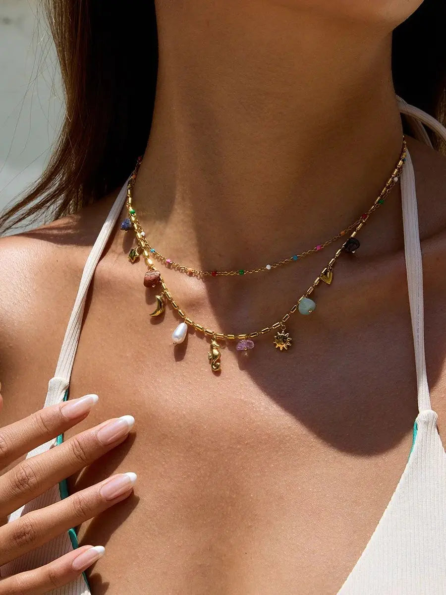 Collar colgante de piedra de color natural Uworld, en acero inoxidable bañado en oro de 18K, apilable de doble capa