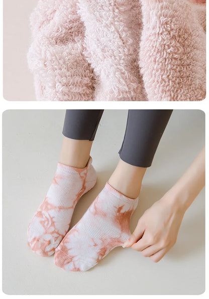 Yoga Socks Women Cotton Tie-dyed Silicone Non-slip Pilates Grip Towel Low-ankle Sock