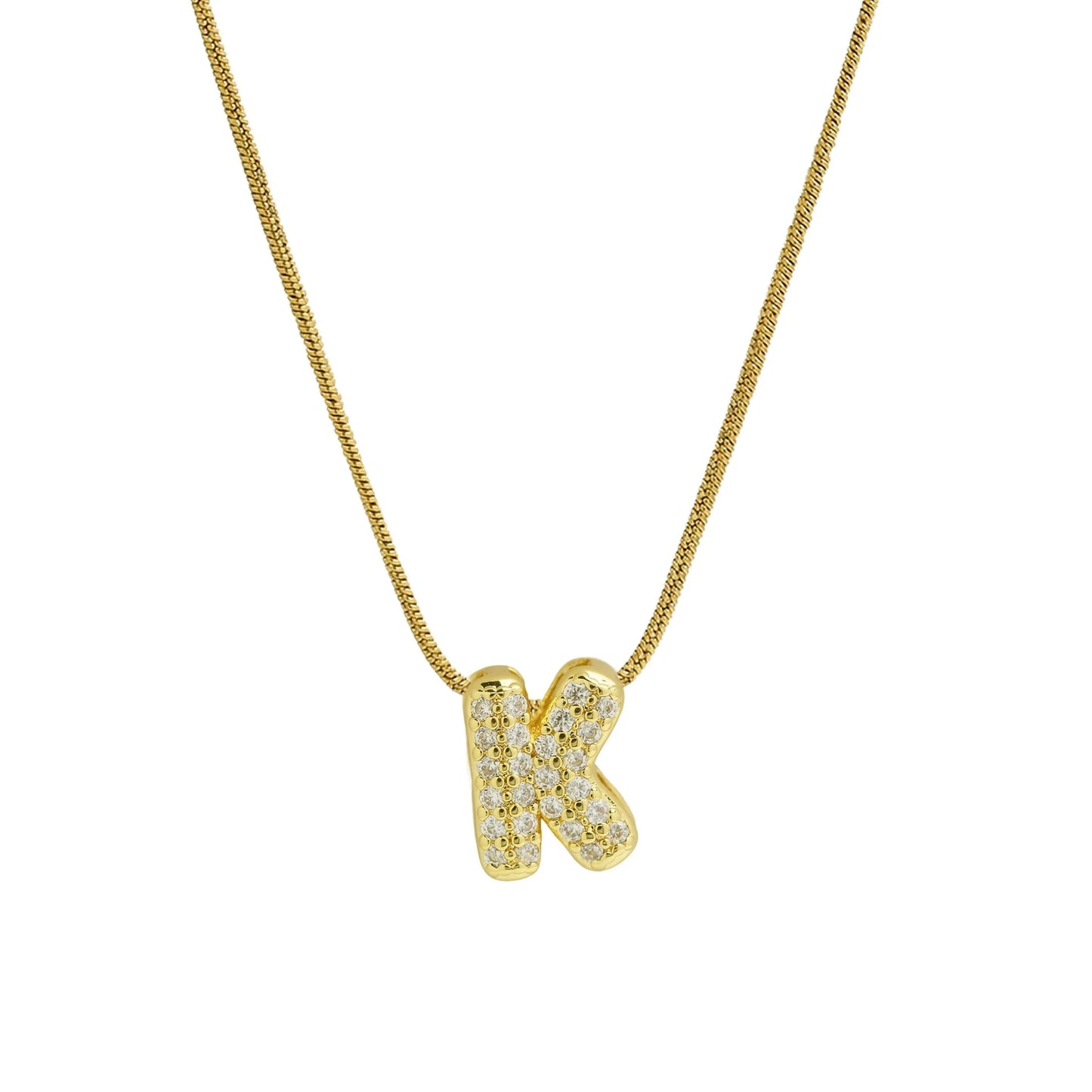 Collar con Inicial de Letra Bonita, Baño de Oro de 18K, Collar con Zirconias, Collar de Letras Infladas