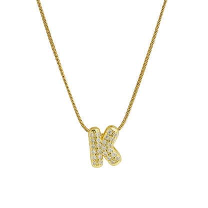 Collar con Inicial de Letra Bonita, Baño de Oro de 18K, Collar con Zirconias, Collar de Letras Infladas