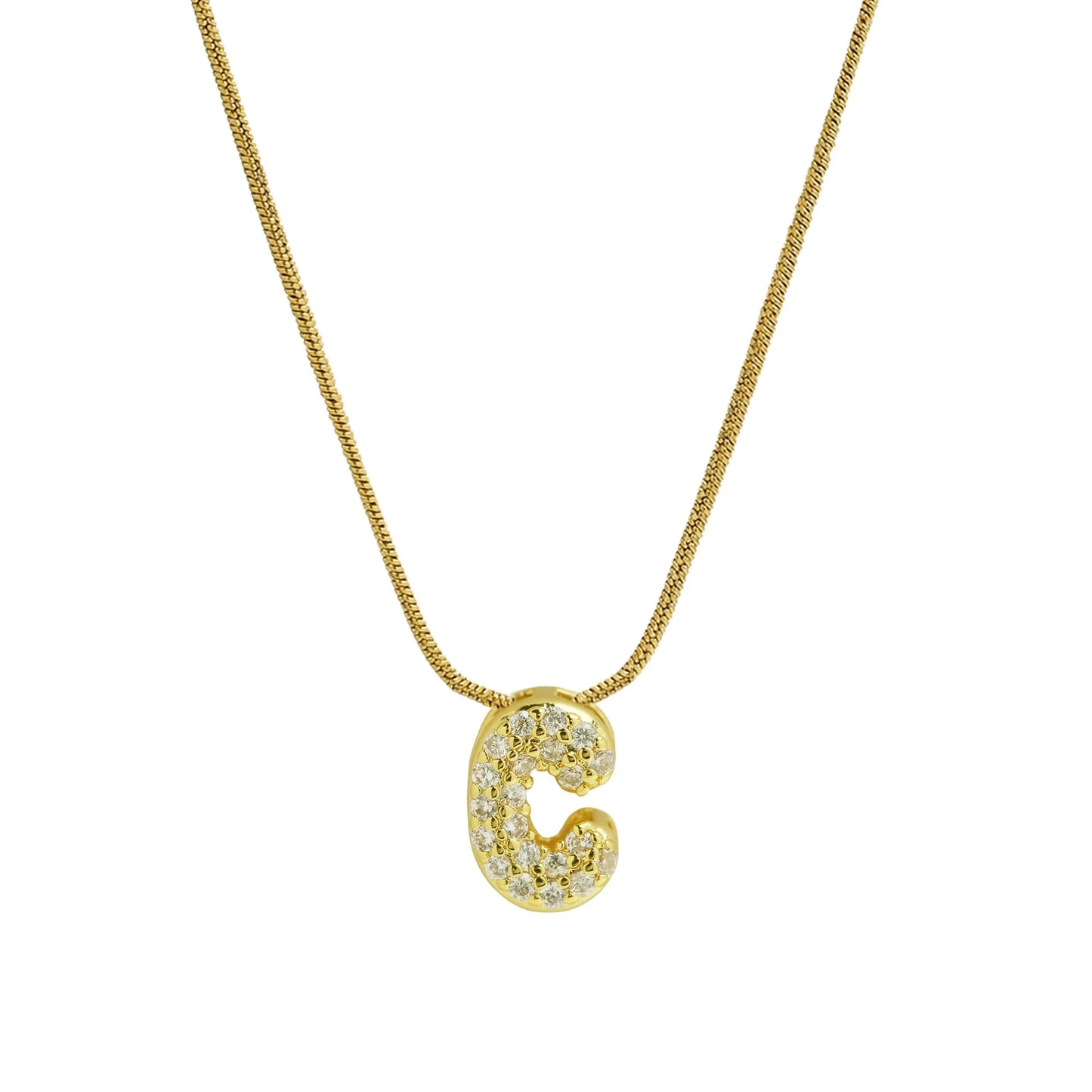 Collar con Inicial de Letra Bonita, Baño de Oro de 18K, Collar con Zirconias, Collar de Letras Infladas