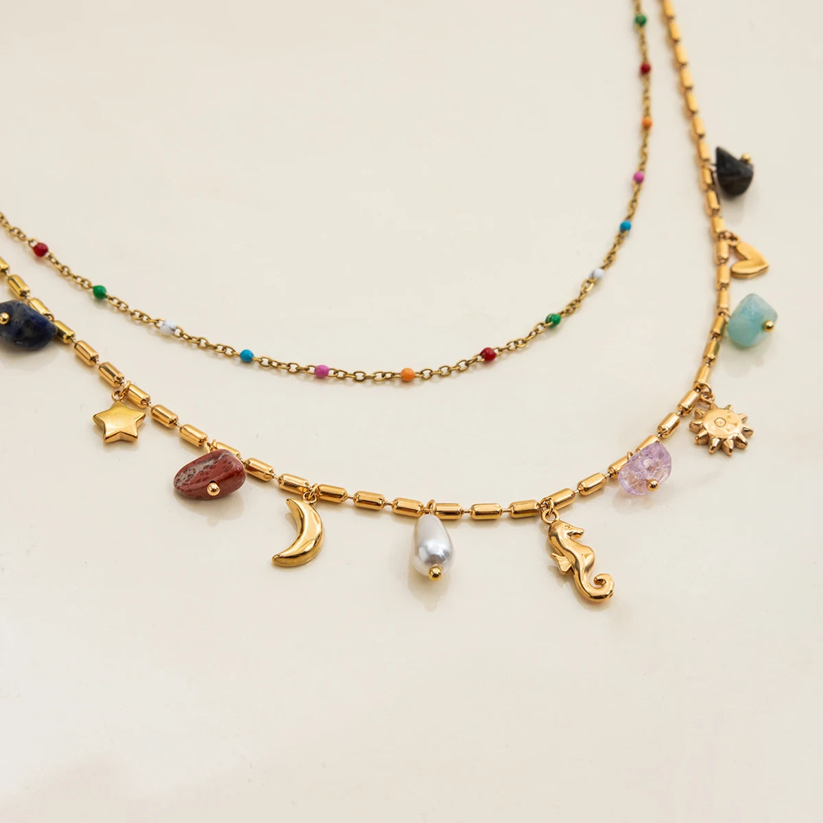 Collar colgante de piedra de color natural Uworld, en acero inoxidable bañado en oro de 18K, apilable de doble capa