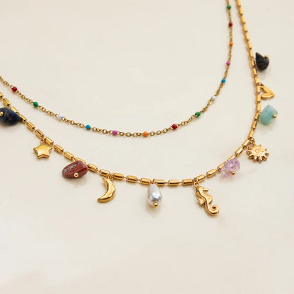 Collar colgante de piedra de color natural Uworld, en acero inoxidable bañado en oro de 18K, apilable de doble capa