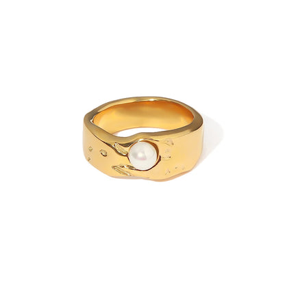 Anillo Uworld de acero inoxidable 316L chapado en oro PVD de 18K para dedo, joyería llamativa, con concha, perla de agua dulce y circonia