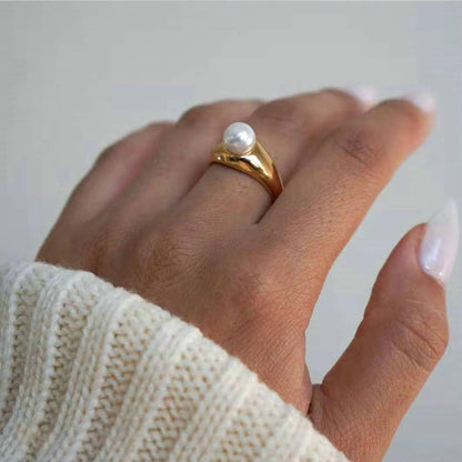 Anillo Uworld de acero inoxidable 316L chapado en oro PVD de 18K para dedo, joyería llamativa, con concha, perla de agua dulce y circonia